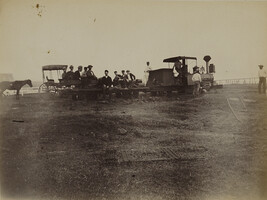 Men on a train on the Punalu'u railroad. Hawaii (island), Hawaii, from a Travel Photograph Album (Views...