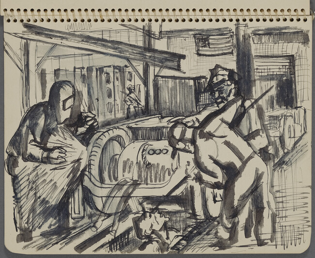 Page 9 (Men working, one man welding, G.M. Diesel Plant, La Grange, Illinois), from a Sketchbook for an Unrealized Mural Project 