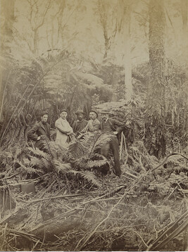 Five men in the backyard of Volcano House. Hawaii (island), Hawaii, from a Travel Photograph Album...