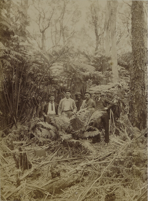 Five men in the backyard of Volcano House. Hawaii (island), Hawaii, from a Travel Photograph Album (Views of Hawaii and Japan)