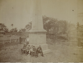 Seven men at the Captain Cook Monument. Kealakekua, Hawaii (island), Hawaii, from a Travel Photograph...