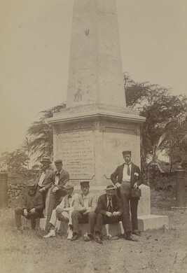 Seven men at the Captain Cook Monument. Kealakekua, Hawaii (island), Hawaii, from a Travel Photograph...