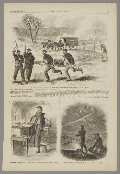 The Army Telegraph: Setting Up the Wire During an Action and The Army Telegraph: The Operator At Work by Alfred Rudolf Waud,  A Signal Station at Night by Theodore Russell Davis, Harper's Weekly, January 24, 1863, page 53