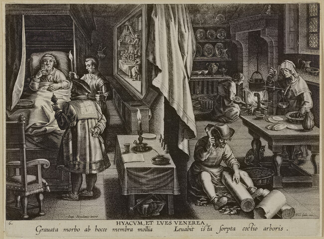 Hyacum et lues venerea (The Preparation and Use of Guaicum as a Cure for Venereal Disease), plate 6 from Nova Reperta (New Inventions of Modern Times)