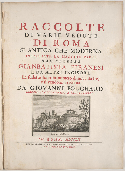 Title page with print of the Temple of Bacchus (Tempio di Bacco), from Le Magnificenze di Roma: Raccolte di varie vedute di Roma (The Magnificence of Rome: Collection of Various Views of Rome)