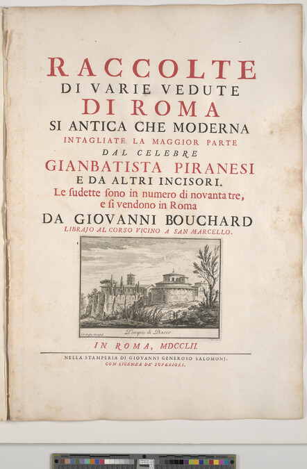 Alternate image #1 of Title page with print of the Temple of Bacchus (Tempio di Bacco), from Le Magnificenze di Roma: Raccolte di varie vedute di Roma (The Magnificence of Rome: Collection of Various Views of Rome)