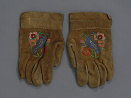 Work Gloves Decorated with Beaded Bird and Flowers