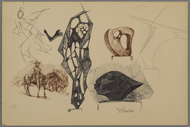 Studies: Three Non-Objective Forms, an Abstracted Face, a Horse and Rider, and a Ga'an Dancer