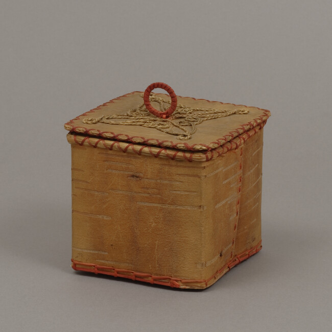 Square Birch Bark Box with Lid Decorated with Sweet Grass