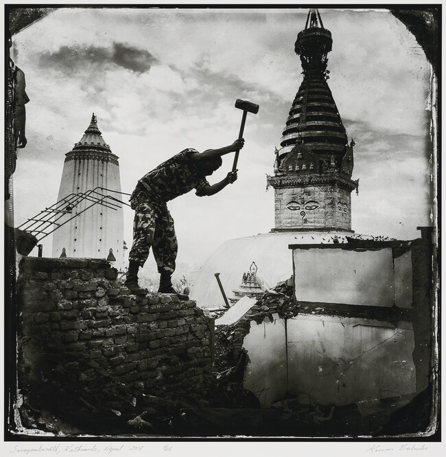 Nepalese Army assist in demolition work, Swayambhunath, Kathmandu, Nepal