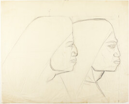 Study of Two Heads of Indigenous Figures in Profile for The Coming of Quetzalcoatl (Panel 5) for The...
