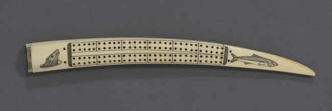 Cribbage Board depicting a Bear Poking his Head up from an Ice Hole and a Fish; on the reverse, a Hunter in a Kayak Hunting a Whale