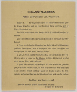 Bekanntmachung allen Einwohnern Ost. Preussens / Public Notice to All Inhabitants of Est Prussia